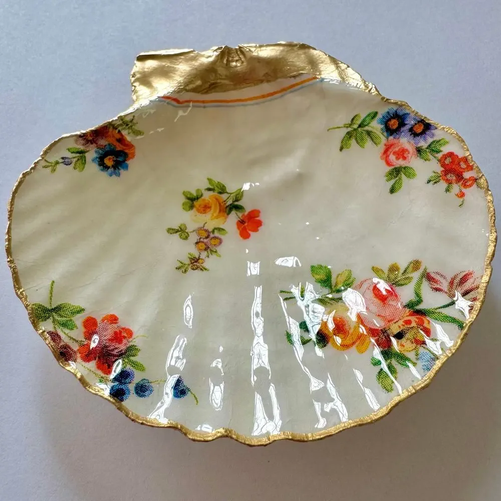 Vintage Floral Trinket Dish | Scallop Shell Jewelry Dish | Cottage Decor